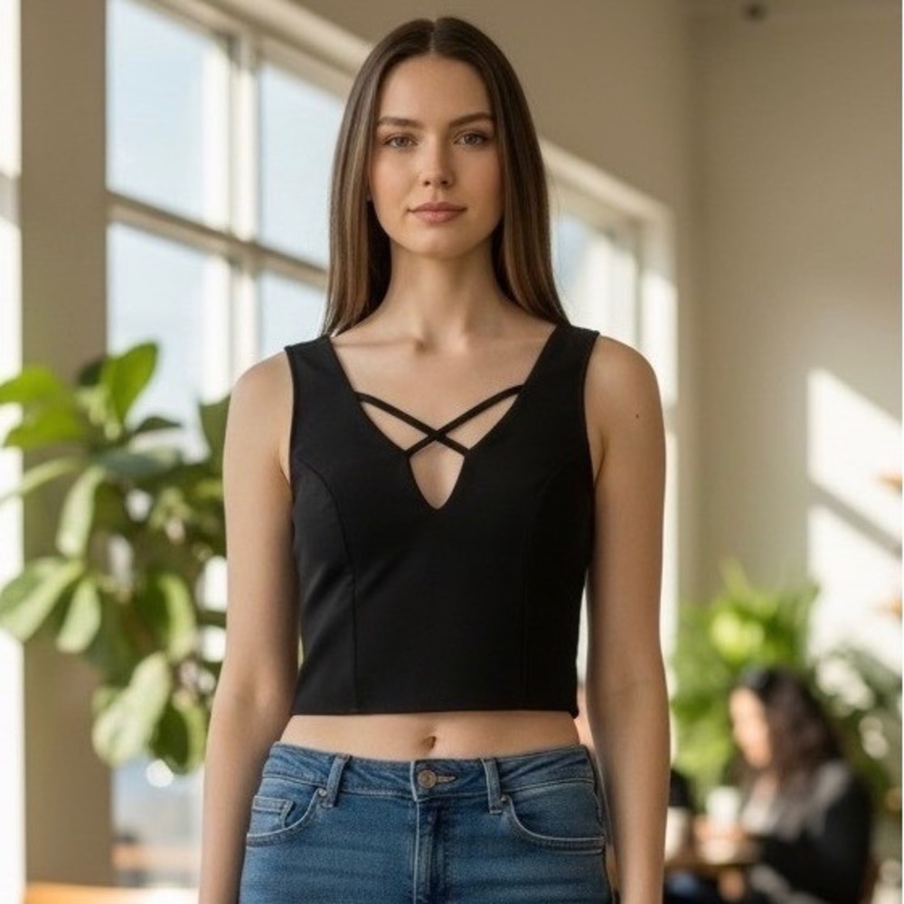 Windsor Crop Top Womens M Black V-Neck Crisscross Back Zip Minimalist Edgy Party